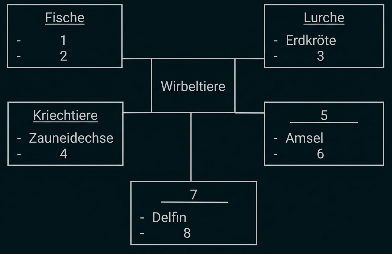 Schema zu Wirbeltieren mit Kategorien wie Fische, Lurche, Kriechtiere, Vögel und Säugetiere.